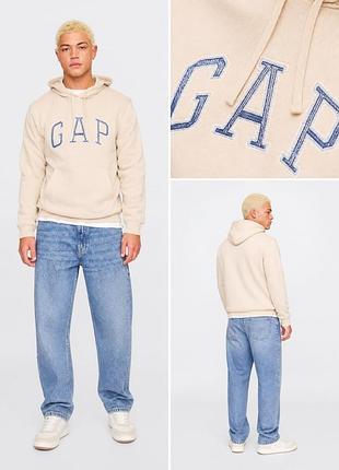Худи gap light beige blue logo / худи гап светло-бежевый с синим логотипом | оригинал | m