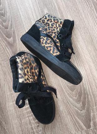 Ботинки высокие кеды из натуральной замши vans 37,5р.23-24см женские черные с леопардовыми вставками