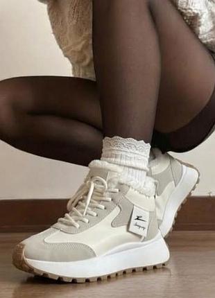 Кросівки білі утеплені єврозима 👟 з хутром на платформі ❄️ shuangxing 24 см устілка ✨ теплі черевики