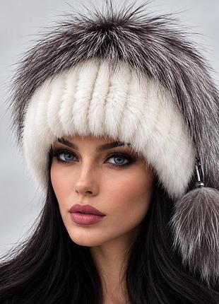 Женская зимняя шапка натуральный мех норка с чернобуркой