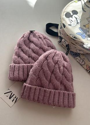Шапка для дівчаток zara, зимова, в'язана, бузкова