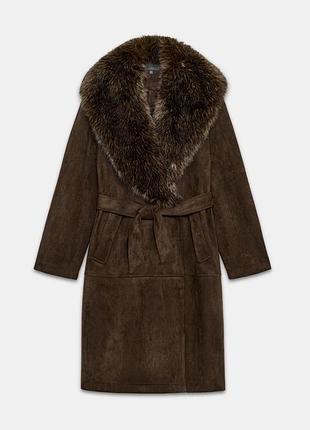 Пальто жіноче коричневе з хутром zara new