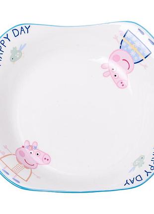 Тарелка детская глубокая фарфоровая 350 мл квадратная peppa pig пиала для каши супа свинка пеппа посуда малыша голубая