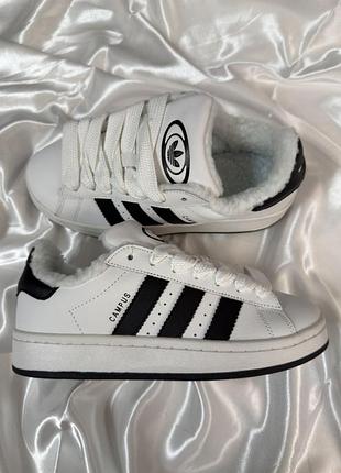 Зимові кросівки на хутрі adidas campus white black winter fur❄️