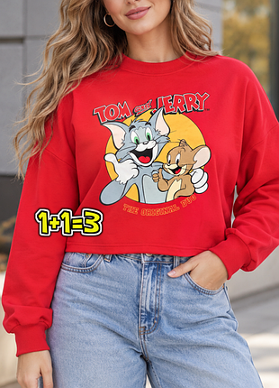 🎁1+1=3 стильний червоний жіночий лонгслів светр tom jerry, розмір 54 - 56