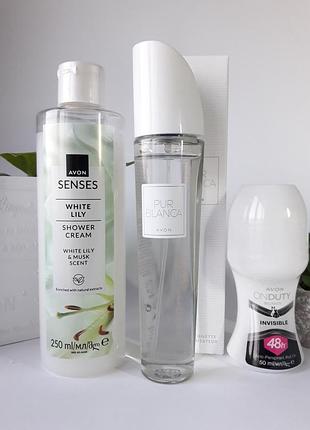Жіночий набір : марфуми pur blanca +гель для душу лілія+дезодорант avon, ейвон