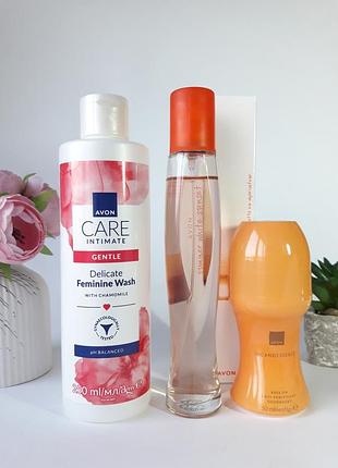Жіночий набір: парфуми summer white sunset + дезодорант інкаденс, інтим гель з ромашкою, avon, ейвон