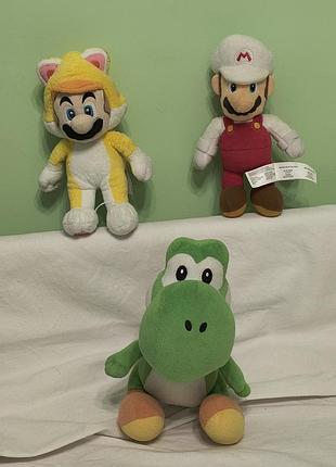 Vintage super mario - вінтажні  м'які плюшеві іграшки - маріо в костюмі кота  , вогняний маріо  - 25 см , йоші -  30 cм