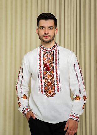 Чоловіча вишиванка руслан з довгим рукавом, лляна молочна сорочка з помаранчевою вишивкою