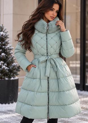 Куртка з поясом та хутром блакитна корея