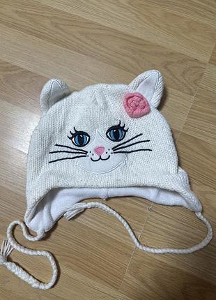 Шапка для дівчаток зимова біла з вушками та мордочкою котика