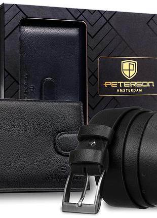 Подарунковий чоловічий набір (гаманець+ремінь) peterson ptn-n992l-spdm-bw чорний