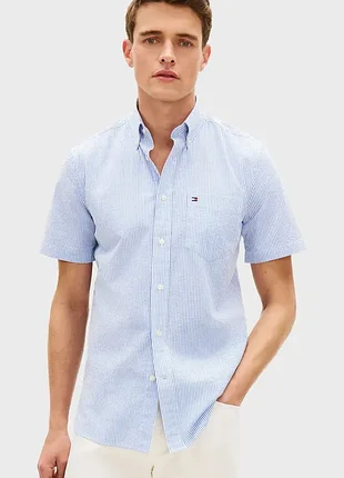 Сорочка чоловіча tommy hilfiger літня в смужку біло-блакитна з коротким рукавом