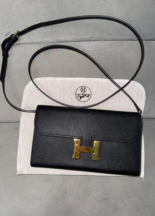 Сумка-клатч жіноча hermes чорна з довгим ремінцем