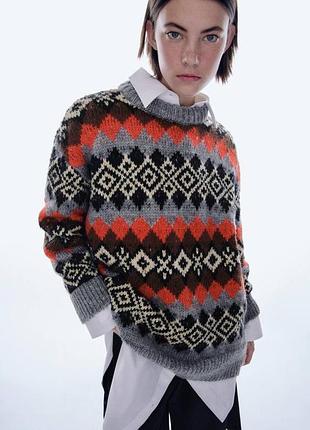 Брендовий теплий ворсистий светр "zara" з візерунком у скандинавському стилі. розмір l-xl.
