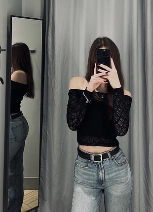 Укорочений чорний кружевний топ/лонгслів/кофтинка h&m, розімр xxs-xs