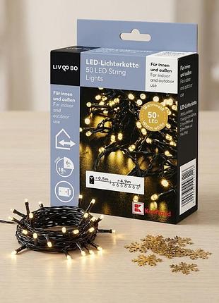 Livarno home led гирлянда на батарейках, 50 led, 5,4 м, теплый белый свет, 8 режимов, таймер 6 ч, ip44