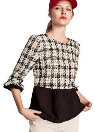 Твидова блузка з баскою та принтом «гусяча лапка» від бренду zara