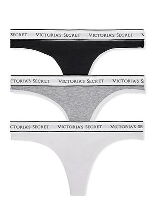 Набір жіночих трусиків-стрінгів logo cotton thong panties, 3 шт., чорний, сірий, білий оригінал victoria's secret