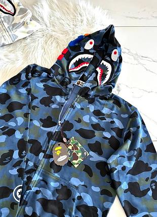 Худі bape shark fullzip camo blue