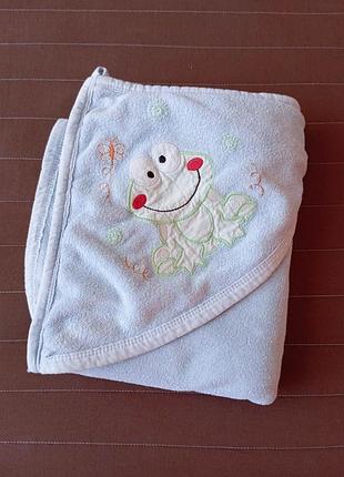 Детское махровое полотенце с уголком капюшоном baby line 80 х 90 см уголок для купания хлопковое натуральное большое голубое лягушонок хлопок  коттон