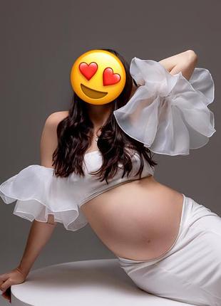 Білий костюм для фотосесії вагітності | спідниця зі шлейфом + топ+волани  | s-m-l