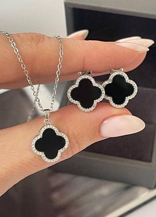 Комплект сережки і підвіска з чорною конюшиною з медичного золота stainless steel, колір срібло