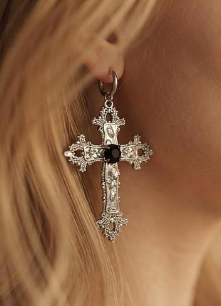 Серьги нержавеющая сталь кольца ажурный винтажный крест