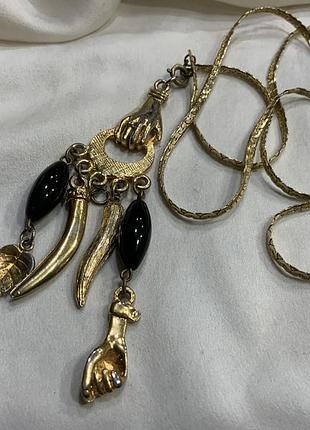 🖤✨ вінтажне кольє з амулетами mano cornuto та іклами / hands of fortune charm necklace 🬞 italian horn & mano figa charm jewelry