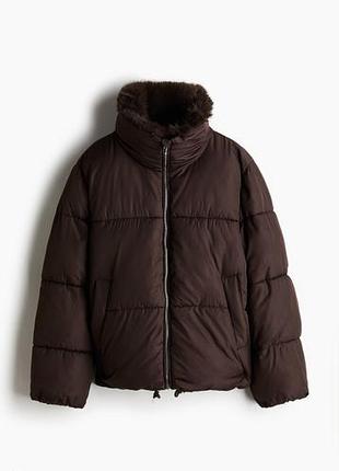 Куртка жіноча h&m дута з хутряним коміром, коричнева, розмір l (m-l)
