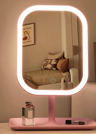 Настільне косметичне дзеркало з led-підсвіткою та органайзером рожеве