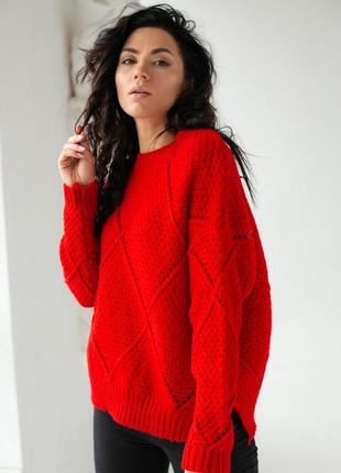 Теплий светр великої в'язки, візерунок ромб1 фото