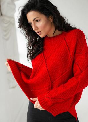 Теплий светр великої в'язки, візерунок ромб3 фото