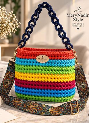 Женская вязаная сумка merynadinstyle разноцветная 26×21×11 см ручной работы с 2 съемными ремнями