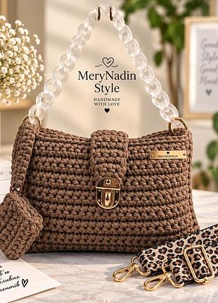 Жіноча в'язана сумка merynadinstyle коричнева 30×20×15 см з чохлом для навушників та 2 знімними ремінцями, ручна робота