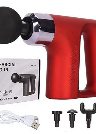 Аккумуляторный массажер для тела мышечный портативный ручной 4 насадки fascial gun kh-740 красный