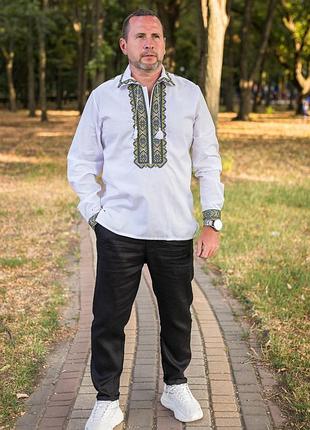 Вишиванка чоловіча лляна varetti з відкладним коміром ,білий з зеленим 5xl