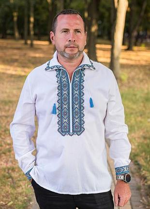 Вишиванка чоловіча лляна varetti з відкладним коміром ,білий з синім 5xl