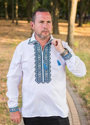 Вышиванка мужская льняная varetti с отложным воротником ,белый с синим, 4xl