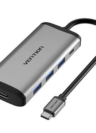 Usb-хаб vention type-c to hdmi/usb3.0*3/pd converter 0.15m gray metal type (cnbhb)