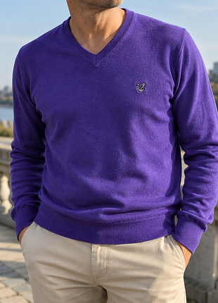 Мужской джемпер lyle &amp; scott heritage фиолетовый s шерсть v-образный вырез
