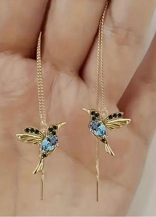 Серьги длинные птички колибри