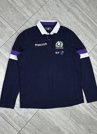 Macron scotland rugby shirt long sleeve collared navy/white/purple bt logo l поло лонгслів регбі