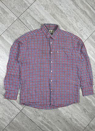Barbour shirt mens l cotton flannel plaid red blue white button up pockets рубашка сорочка льон