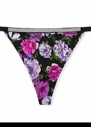 Трусики стрінги жіночі victoria's secret квітковий принт чорні зі стразами