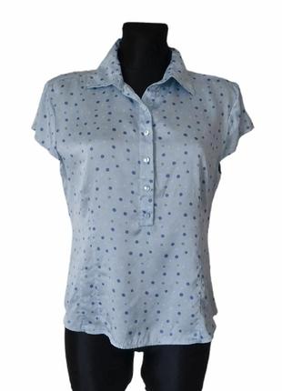 Голубая шелковая блуза блузка рубашка батник горошек натуральный шелк р.46 укр.2 фото