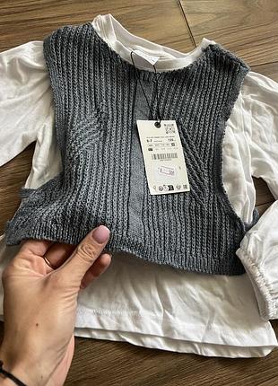 Кофта для дівчинки zara, біла з сірим жилетом