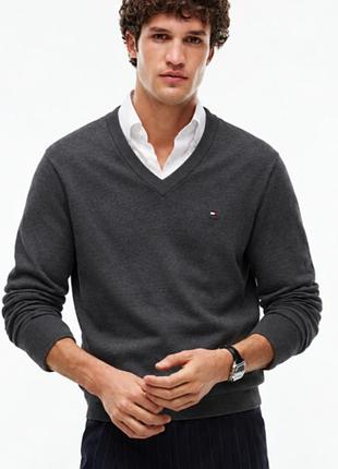Пуловер чоловічий tommy hilfiger m сірий бавовна кашемір джемпер з v-подібним вирізом