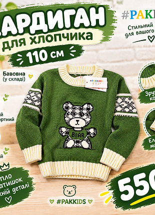 Кофта для хлопчика pakkids зелена з ведмедем 110 см