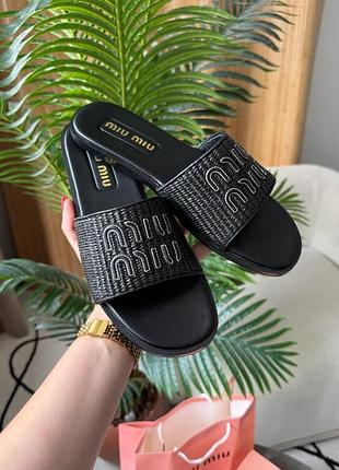 Miu miu raffia slide sandals black